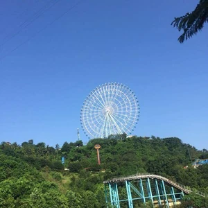 Blue skies above an amusement park / I can play in the cool, refreshing air on sunny days.