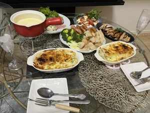 Dinner on Christmas Eve. My wife prepared this meal, and we ate it together as a family as our pre-Christmas meal.