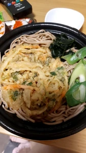 Dinner eaten on January 15, 2024, around 7:00 P.M. I ate by myself at home while watching T.V. I bought this tempura soba noodle set at the grocery store.