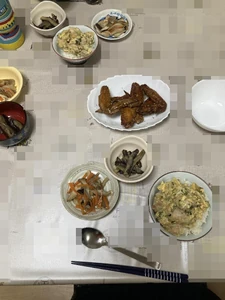 This photo of my dinner was taken on July 17, 2024, around 6:30 P.M. I ate dinner with my family (My wife and child) at home and we chatted as we ate. We had chicken and egg bowls, stir-fried veggies, and chicken wings. This meal was prepared by my spouse.