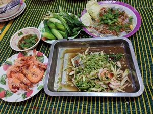 A photo of lunch I ate at home on January 16 at noon. I ate som tum (green papaya salad) with a friend. My colleague prepared the meal.