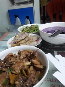 This is a dinner our family of three had. We ate salty sides, stir-fried food, and soup among others.