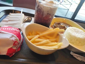 I took this photo of my breakfast today while answering this survey. The photo was taken on January 17, 2024, at 8:40 A.M. I am by myself for breakfast, and it was made by the fast food chain Jollibee.