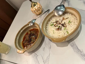 Lamb rogan josh and basmati rice.