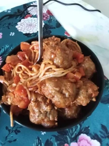 Spaghetti Meatballs for lunch. I took it this afternoon in my room and was having it with my family while watching a movie. I cooked this meal for my whole family.