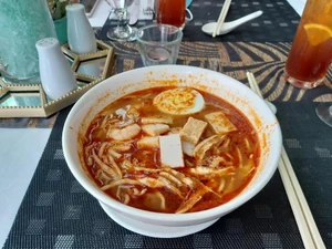 Curry mee (Also known as curry laksa mee) for lunch with spouse and child last Saturday, January 13. We ordered takeout from a food court nearby and had it at home.