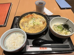 Dinner on November 6, 2023, at 8:03 P.M. I ate  / alone on a business trip. / I'm eating pork katsudon. / I bought the meal in a restaurant.